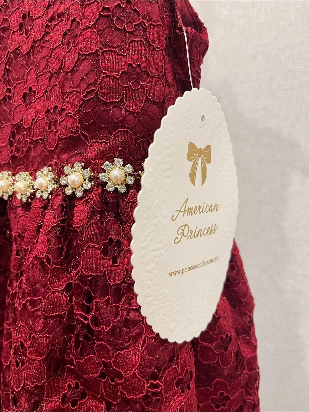 American Princess Burgundy Lace Formal Dress with Pearl Flower Belt